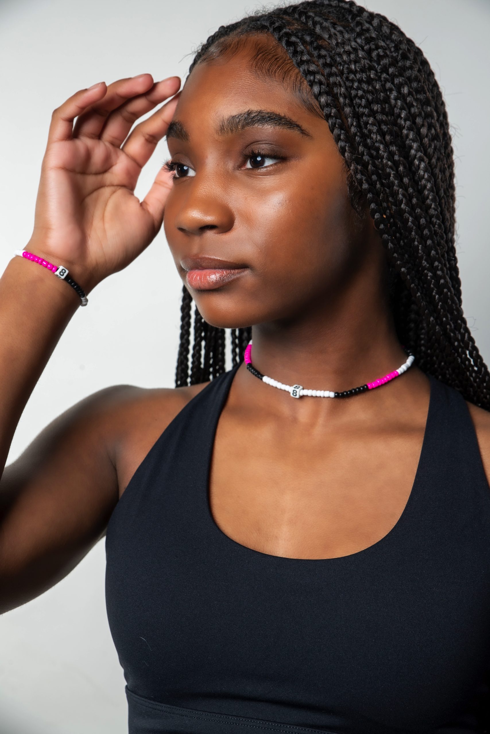 Girl wearing 8counts Goes With Everything Sports Bracelet & Necklace